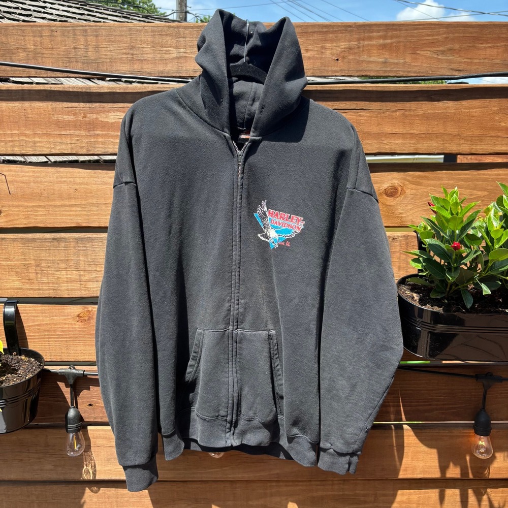 Harley Davidson‎ Zip Hoodie Mens XL Black Good 1992 Vintage Eagle Graphic